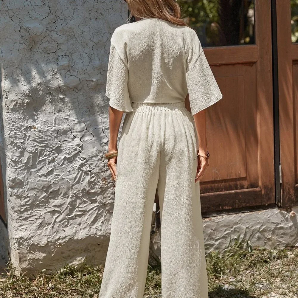 Apricot Boho Womens Twist Front Drop Shoulder Crop Top & Wide Leg Pants - Picture 2 of 5